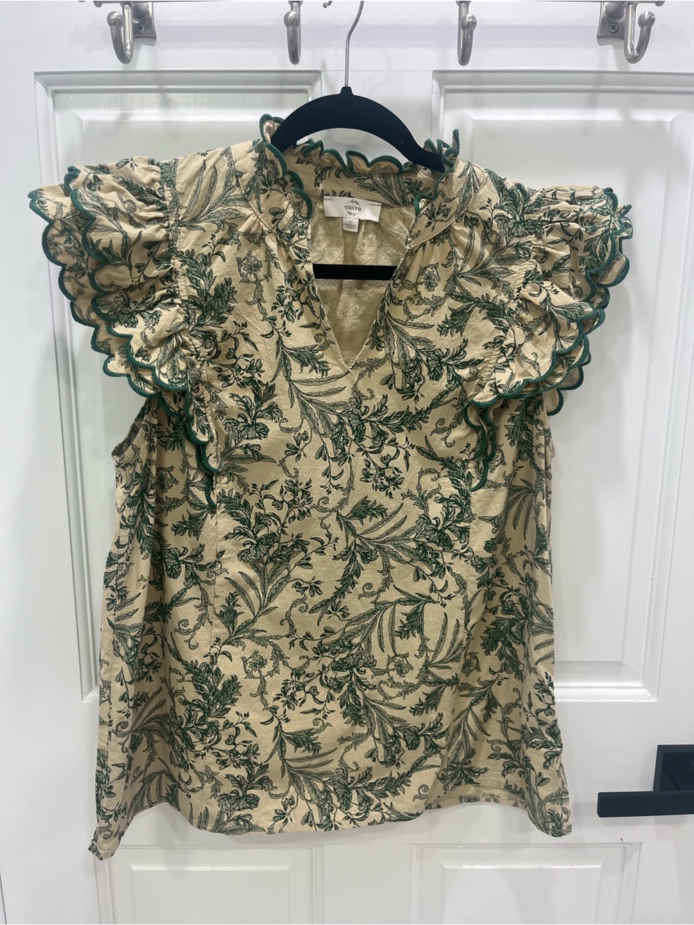 entro Tan and Green ruffled cap sleeve blouse